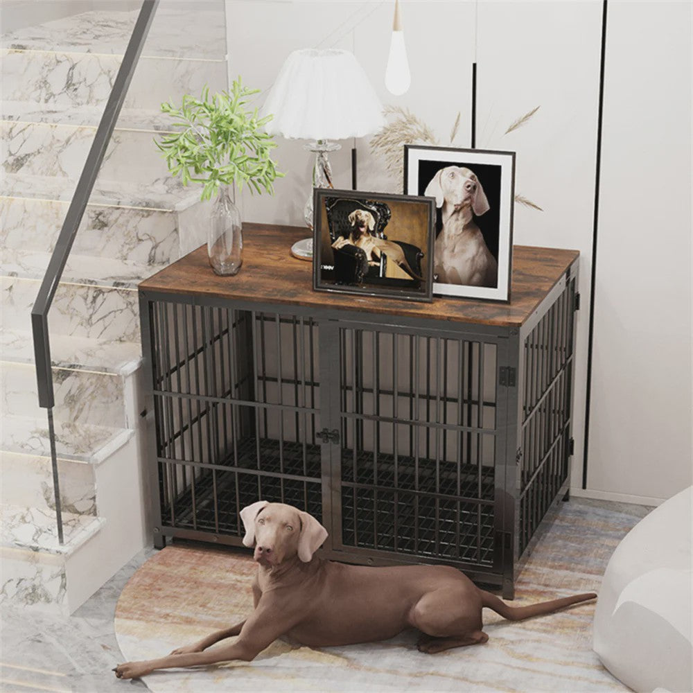 Stijlvolle Houten Hondenkennel - Meubelstijl Bench met 3 Deuren en Uitneembare Lade