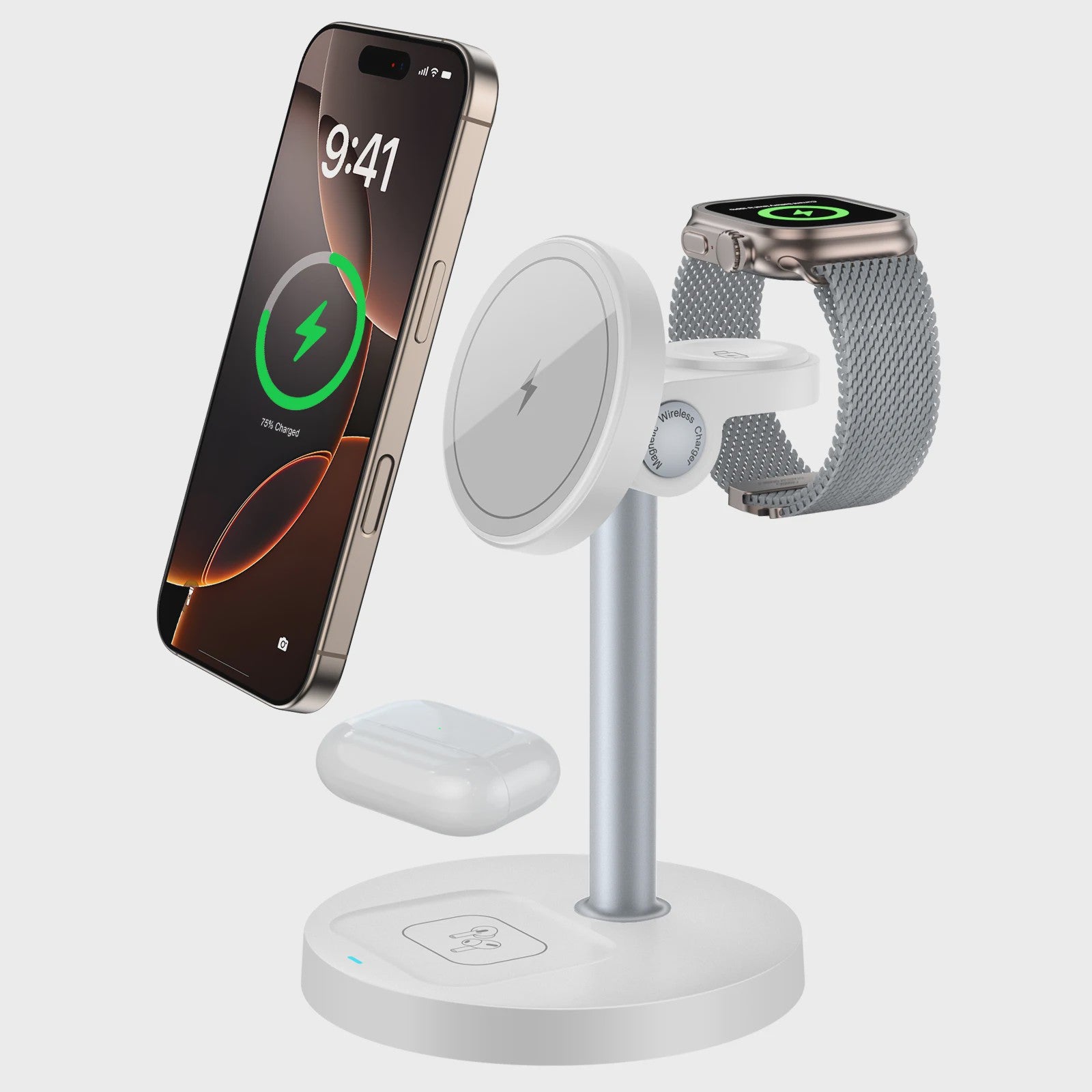 3-in-1 Magnetische Draadloze Oplader Stand voor iPhone, Apple Watch & AirPods - 15W Fast Charge
