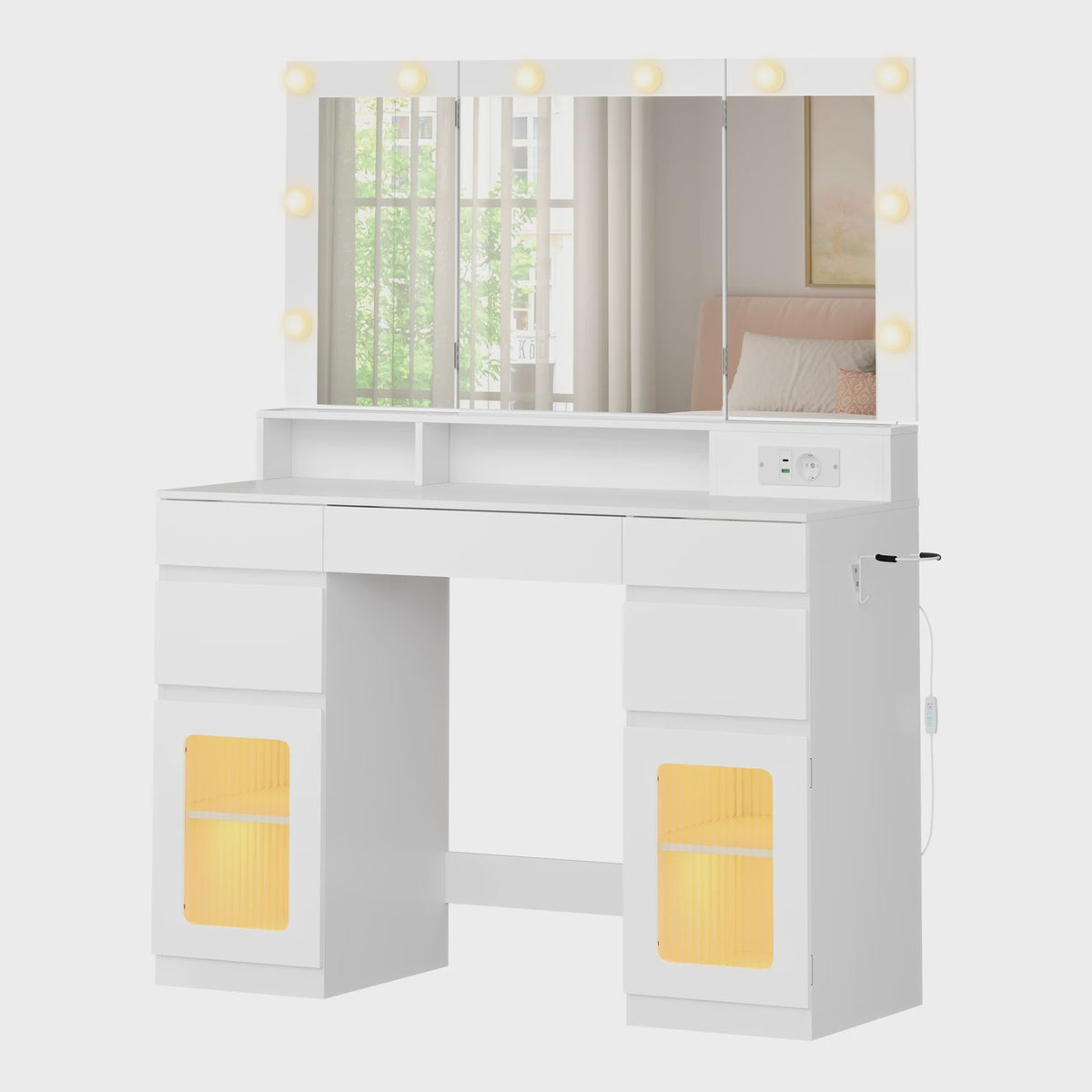 WOLTU Kaptafel met 3-delige spiegel, 10 LED-lampjes en laadstation - Ideaal voor de slaapkamer