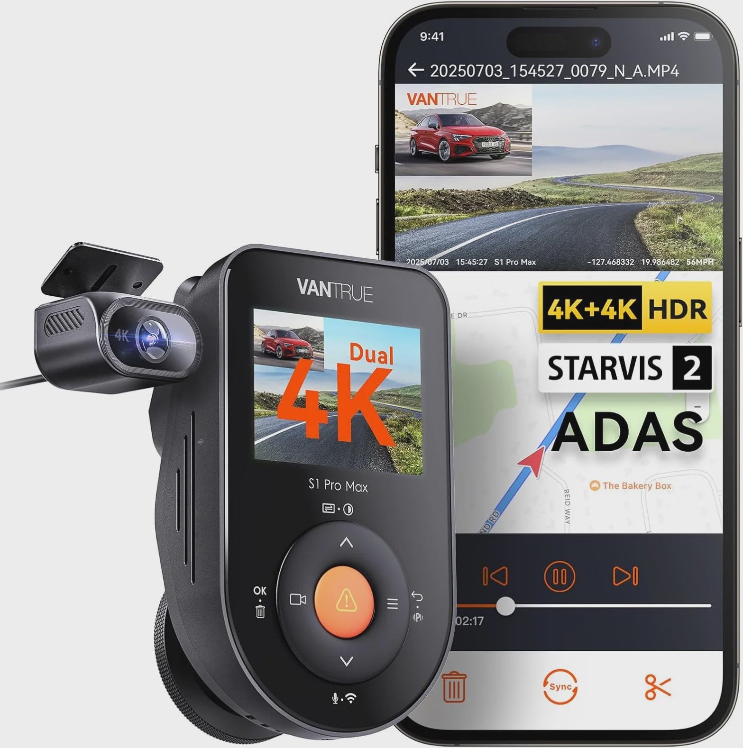 Vantrue S1 Pro Max Dual 4K Dashcam met ADAS, BSD, IP67 Waterdichte Camera en Spraakbesturing