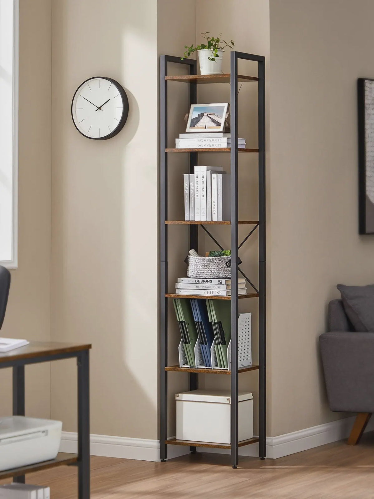 Schoenenrek met 10 vakken, smal en hoog, stalen frame, industrieel design