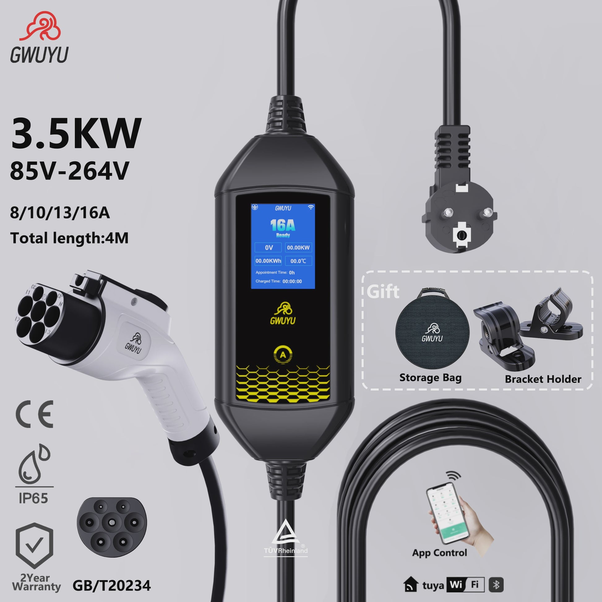 Draagbare EV Charger GWUYU 3.5kW - Type 1, 2, GBT - APP Bediening