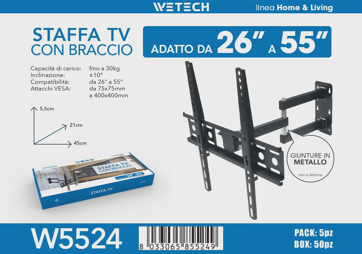 WETECH W5524 TV Muurbeugel - Dubbele Arm, 26-55 Inch, 30kg, Kantelbaar, VESA 75-400mm