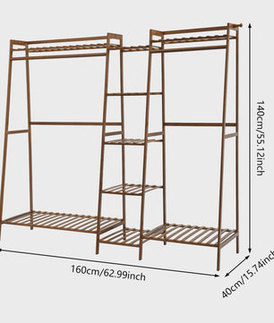 Stijlvol Bamboe Kledingrek met 4 Opbergplanken en Haken - Vloerstaand, Zwaar Belastbaar, Modern Design