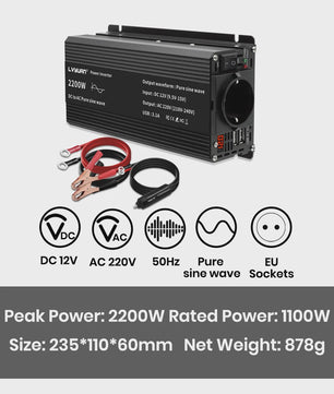 Pure Sine Wave Omvormer 12V DC naar 230V AC - 1500W tot 3000W met EU Stopcontact & USB