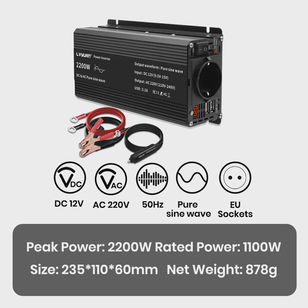 Pure Sine Wave Omvormer 12V DC naar 230V AC - 1500W tot 3000W met EU Stopcontact & USB