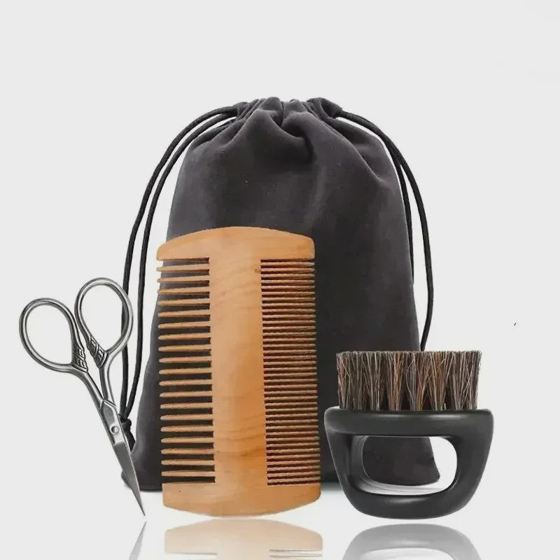 Professionele Baardborstel en Kam Set met Gift Bag - Zacht Varkenshaar & Hout