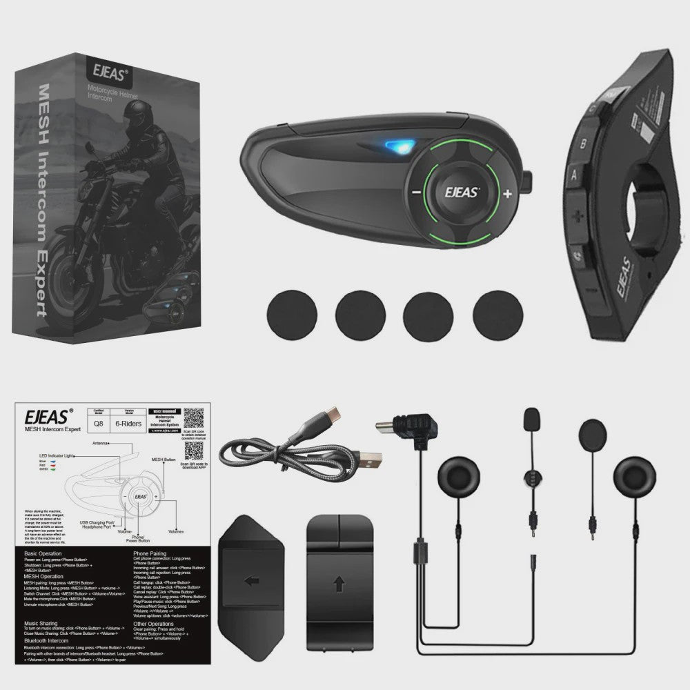 EJEAS Q8 Motorhelm Intercom Systeem - Bluetooth 5.1 Mesh 3.0, APP Bediening
