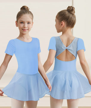 Girls Short Sleeve Ballet Leotard Girls Mesh Dance Leotard with Skirt  Kids Back Bow Knot Dancewear