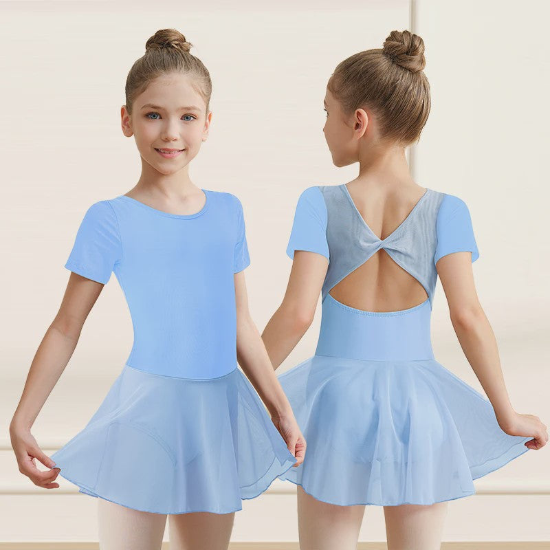 Girls Short Sleeve Ballet Leotard Girls Mesh Dance Leotard with Skirt  Kids Back Bow Knot Dancewear