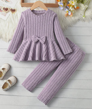 Schattig Kinder Meisjes Set: Lange Mouw Top met Strik en Broek