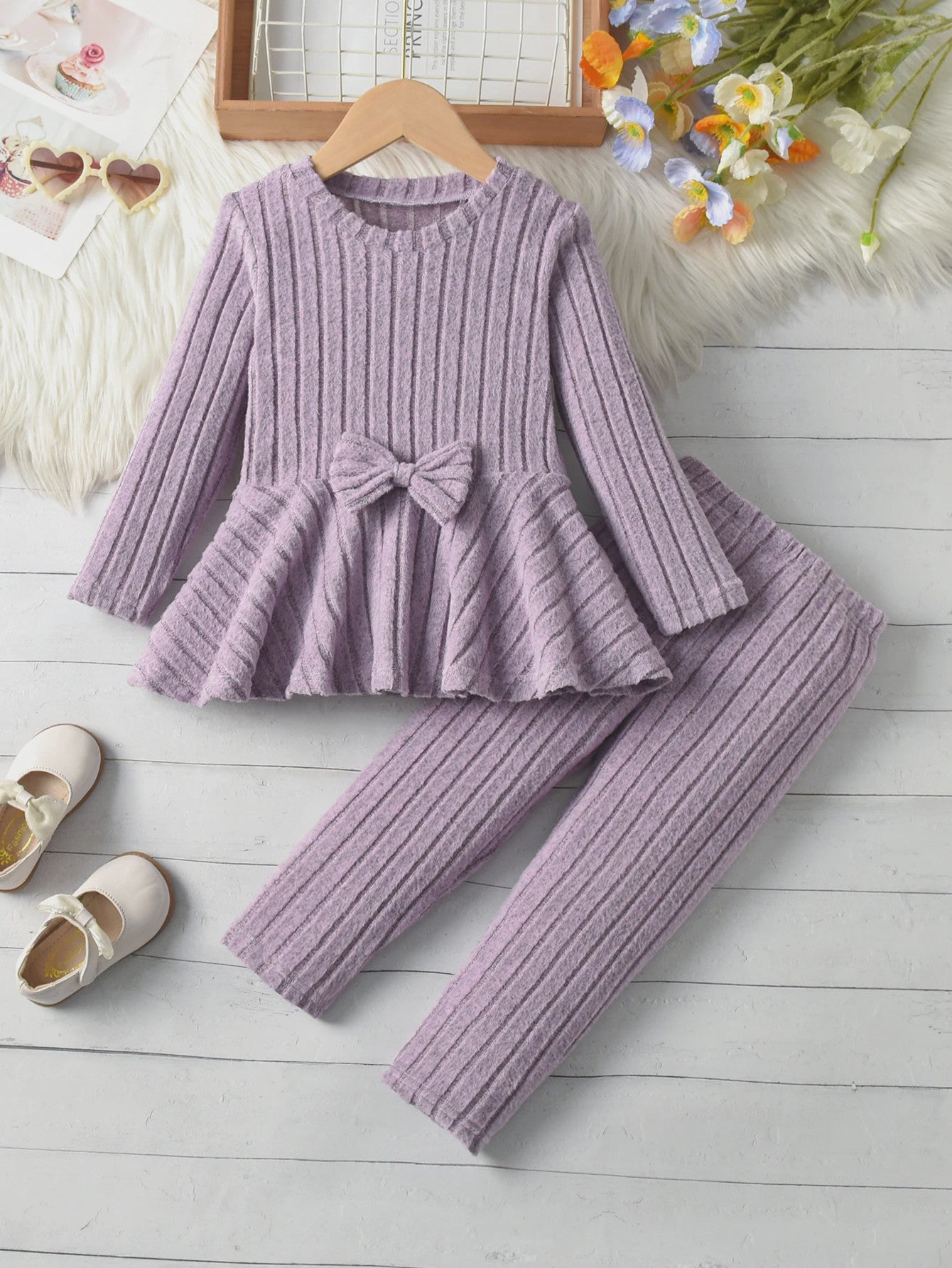 Schattig Kinder Meisjes Set: Lange Mouw Top met Strik en Broek