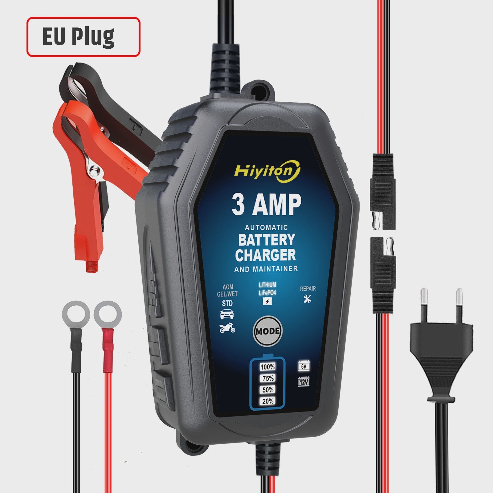 Slimme Acculader 6V/12V 3A voor Auto, Motor & Lithium Batterijen - Onderhoud & Reparatie