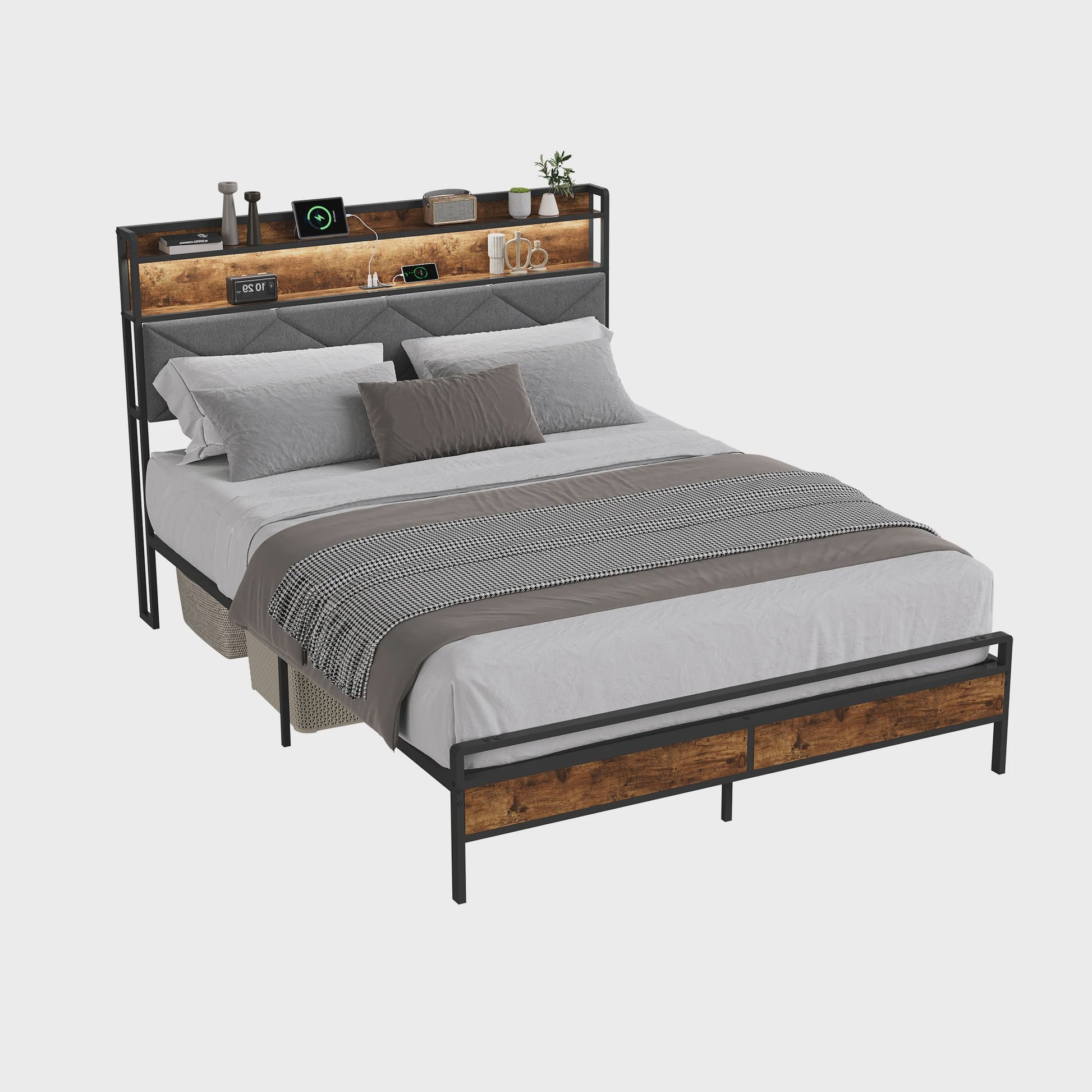 Modern Metalen Bed 90x200cm met LED Verlichting, Opbergkopstuk en USB-poorten