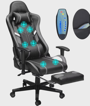 Ergonomische Massage Gaming Stoel met Voetensteun en Lendensteun - Verstelbaar