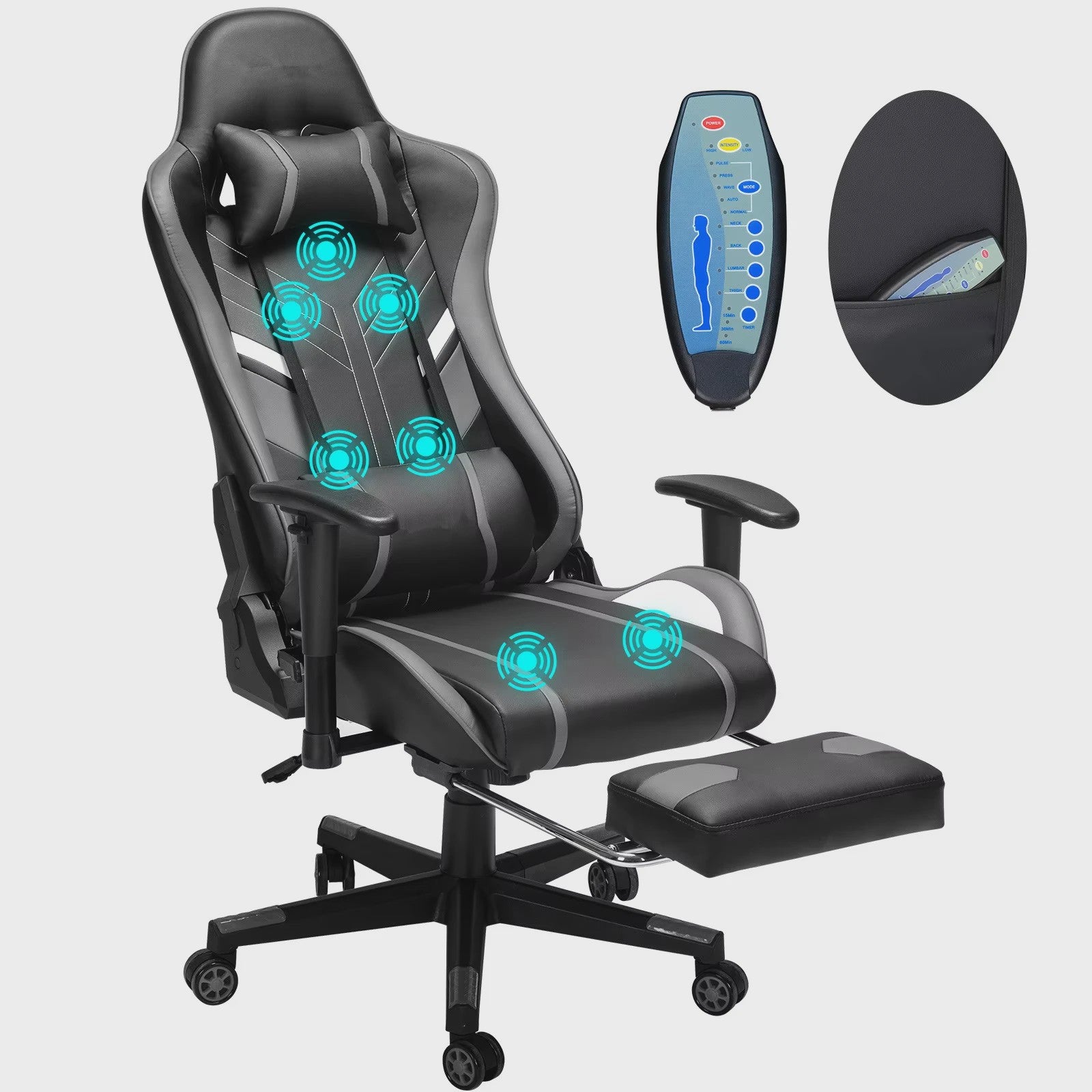 Ergonomische Massage Gaming Stoel met Voetensteun en Lendensteun - Verstelbaar