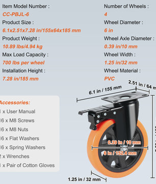 Set van 4 Zwenkwielen met Dubbel Rem & PVC Wielen - Diverse Maten