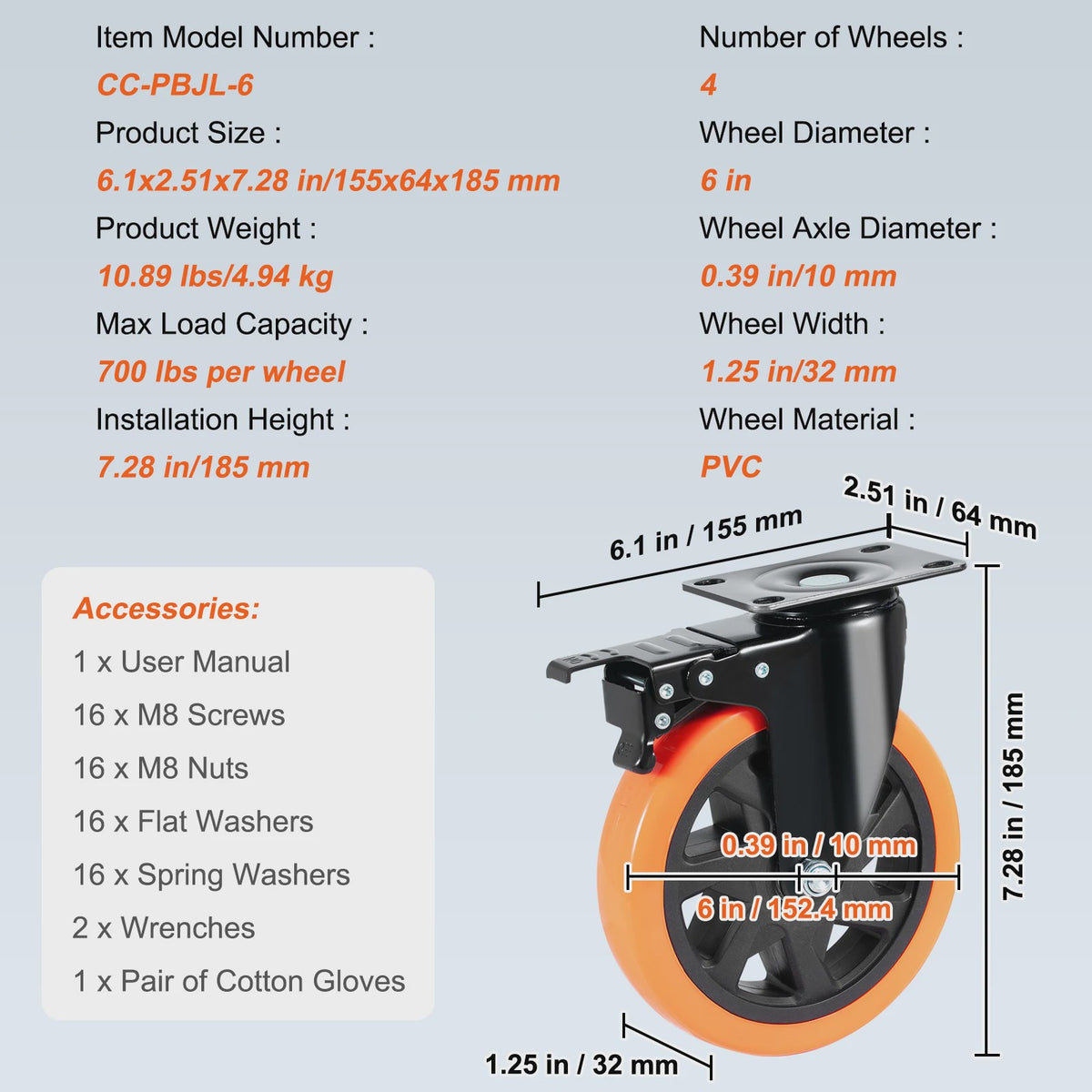 Set van 4 Zwenkwielen met Dubbel Rem & PVC Wielen - Diverse Maten
