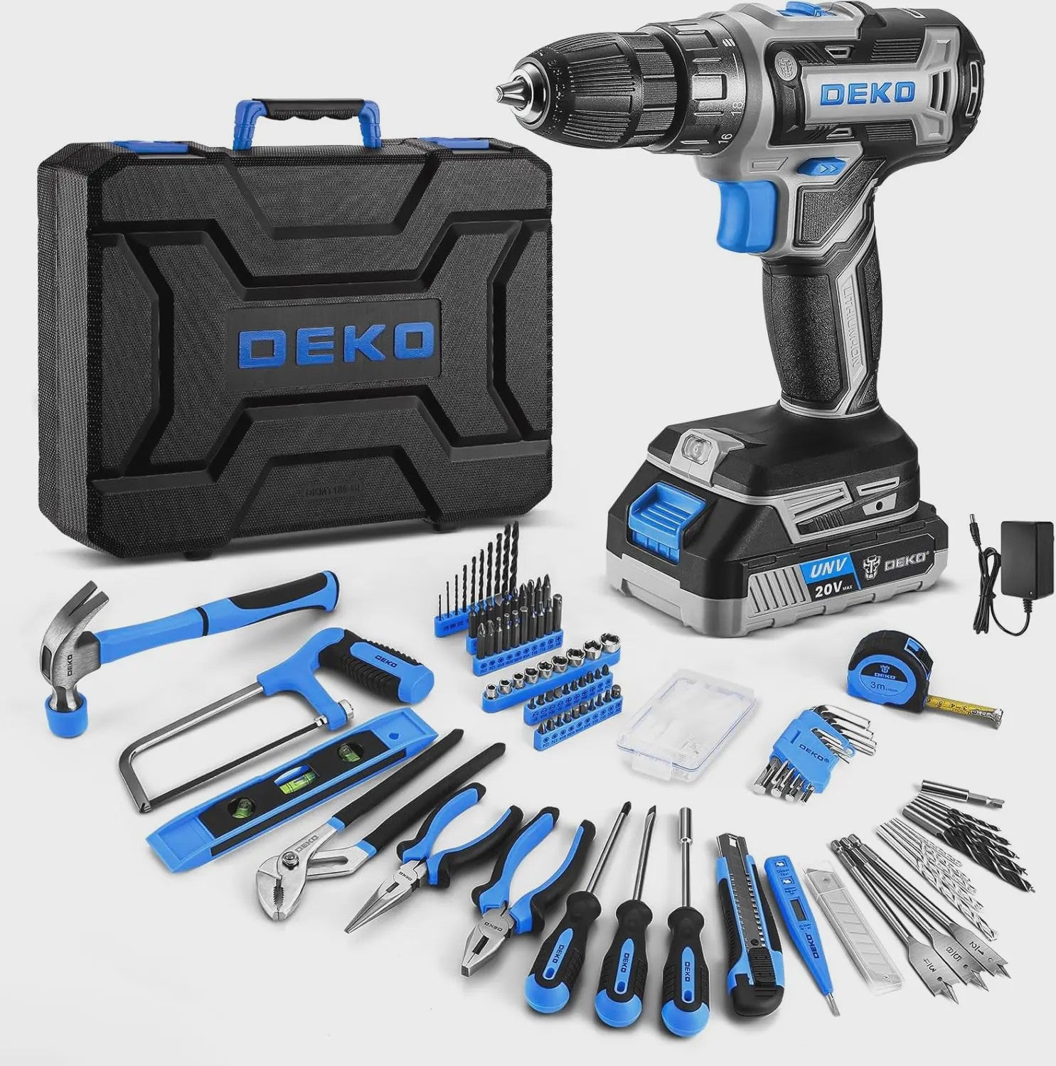 DEKO Complete Gereedschapskist met 20V Accuboormachine, 186 Delen - Professionele DIY Set