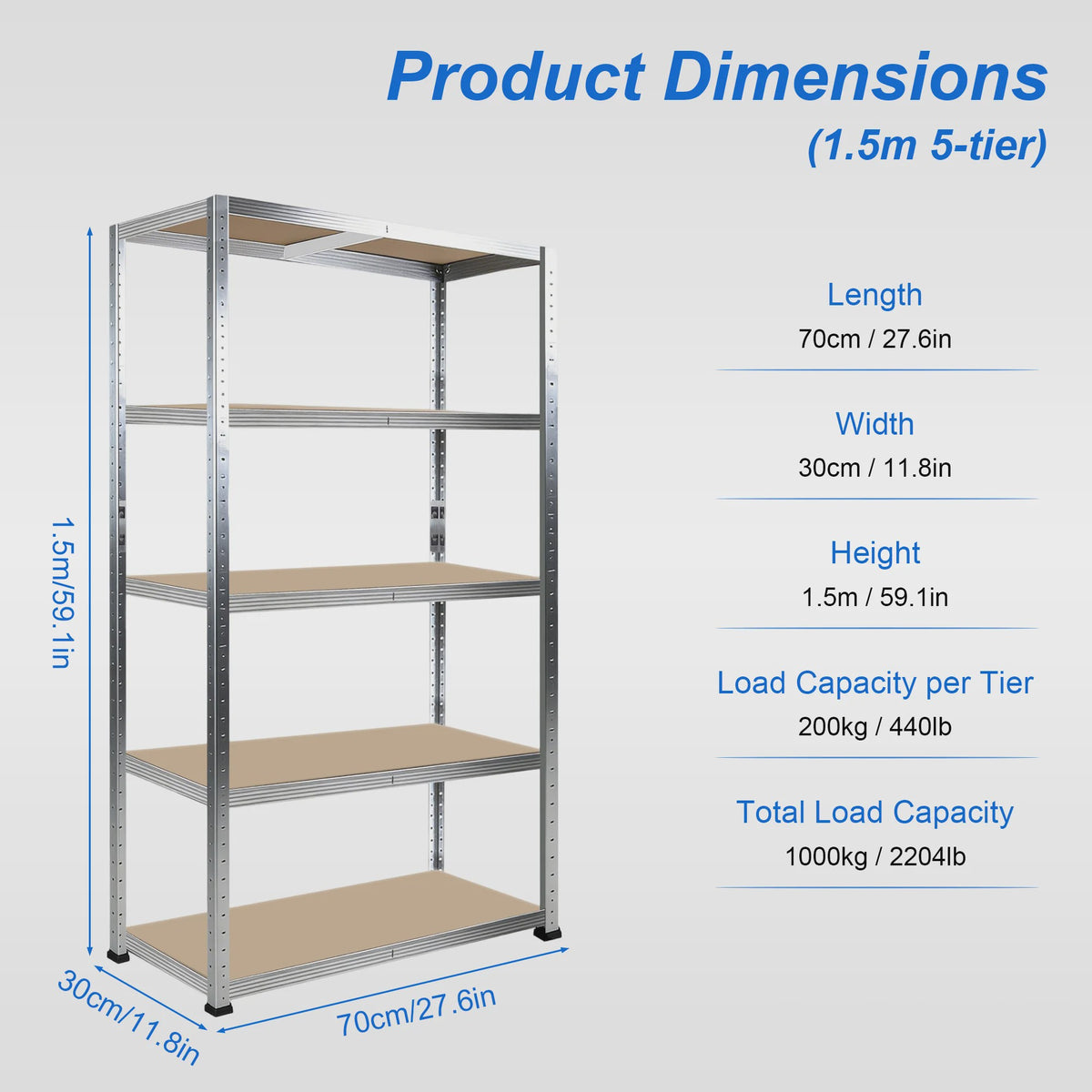 5-Laags Heavy Duty Metalen Stellingkast - 1000kg Draagvermogen - Boutloos Ontwerp - Verstelbare MDF Planken