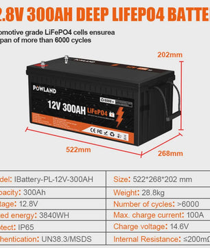 POWLAND LiFePO4 Accu 100Ah/200Ah/300Ah - 12V/24V - Solar Energie Opslag, RV, Boot, Camping - 6000+ Cycli