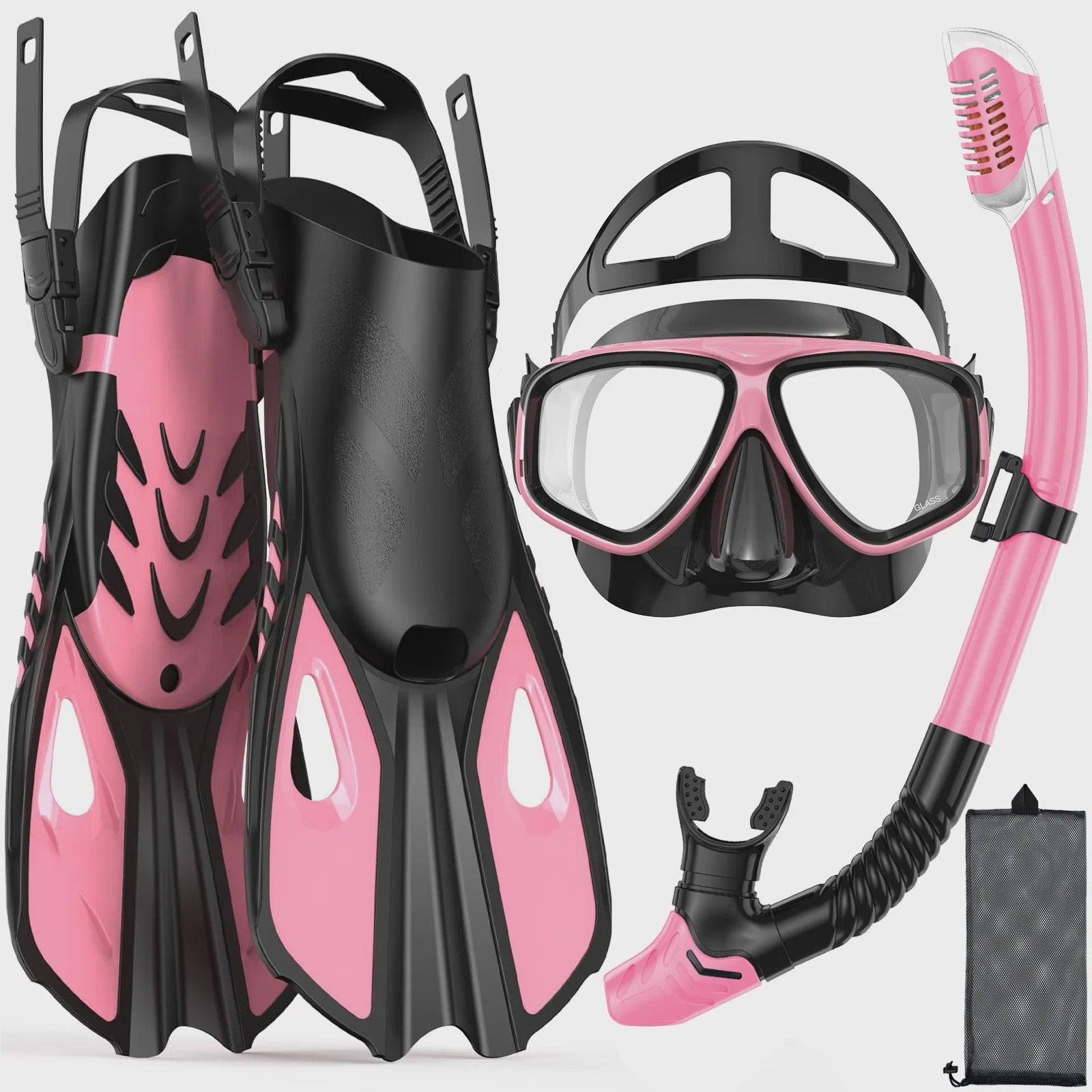 Complete snorkelset voor volwassenen: masker, snorkel, flippers en tas