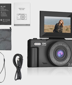 Ourlife Compacte 5K Digitale Camera: 75MP, 18x Zoom, Flip Screen, WiFi & Vlog Functies