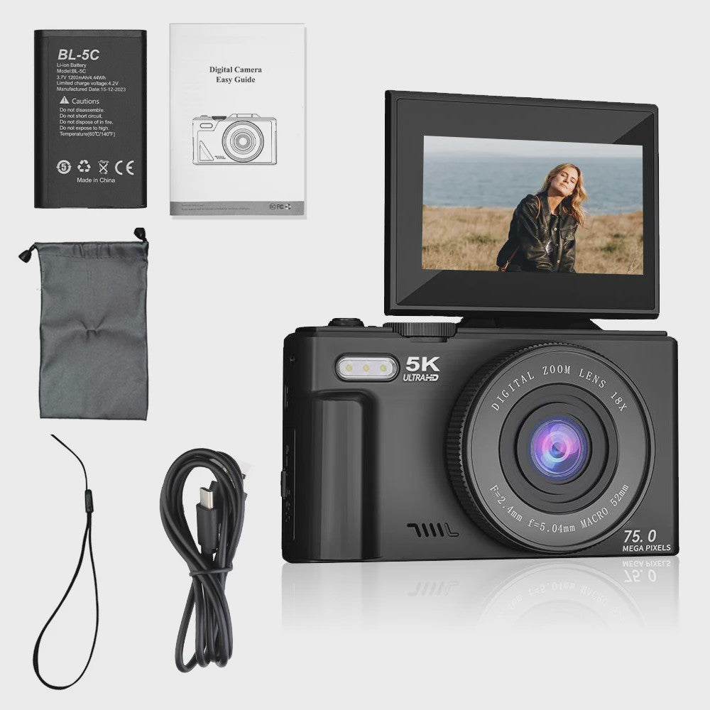 Ourlife Compacte 5K Digitale Camera: 75MP, 18x Zoom, Flip Screen, WiFi & Vlog Functies