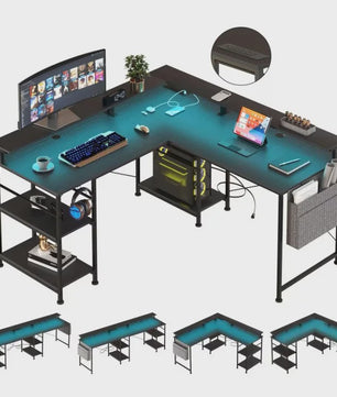 L-vormig Bureau met LED Verlichting, Stopcontacten en USB-poorten - Modern Grijs Design