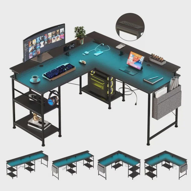 L-vormig Bureau met LED Verlichting, Stopcontacten en USB-poorten - Modern Grijs Design