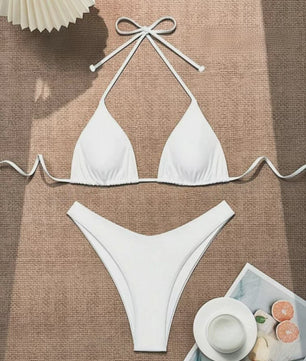 Dames Bikini Thong - Sexy Braziliaanse Stijl met Halter en Vetersluiting - Verkrijgbaar in Wit, Zwart & Koffie