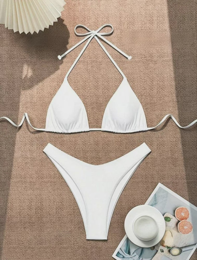 Dames Bikini Thong - Sexy Braziliaanse Stijl met Halter en Vetersluiting - Verkrijgbaar in Wit, Zwart & Koffie