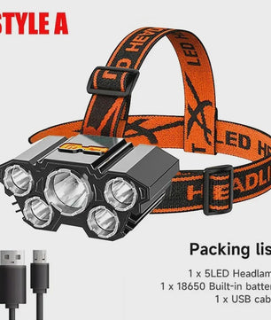 Krachtige 5 LED Hoofdlamp met Ingebouwde Batterij - USB Oplaadbaar voor Buitenactiviteiten