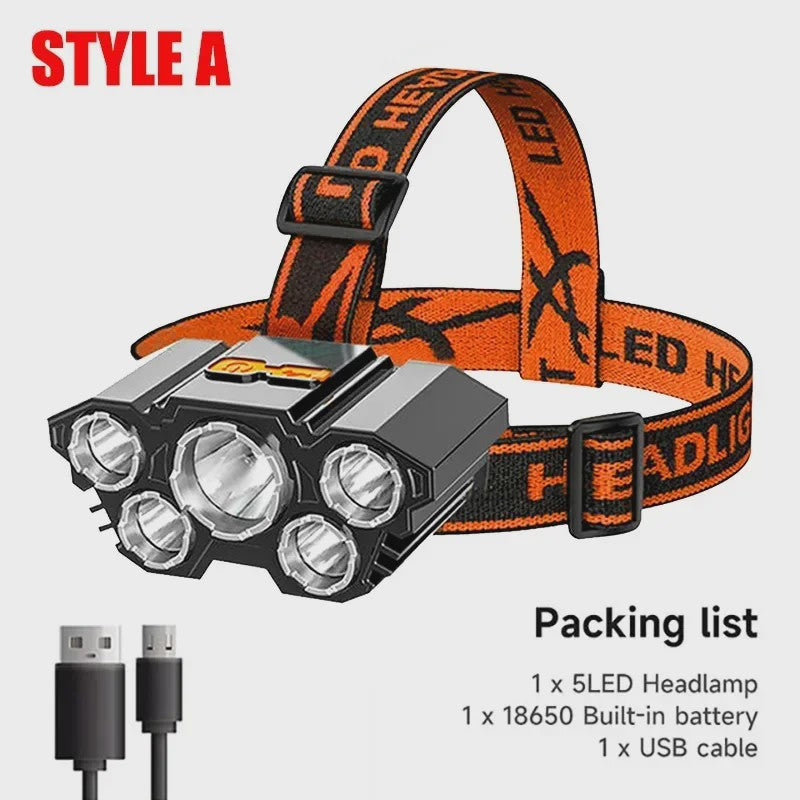 Krachtige 5 LED Hoofdlamp met Ingebouwde Batterij - USB Oplaadbaar voor Buitenactiviteiten