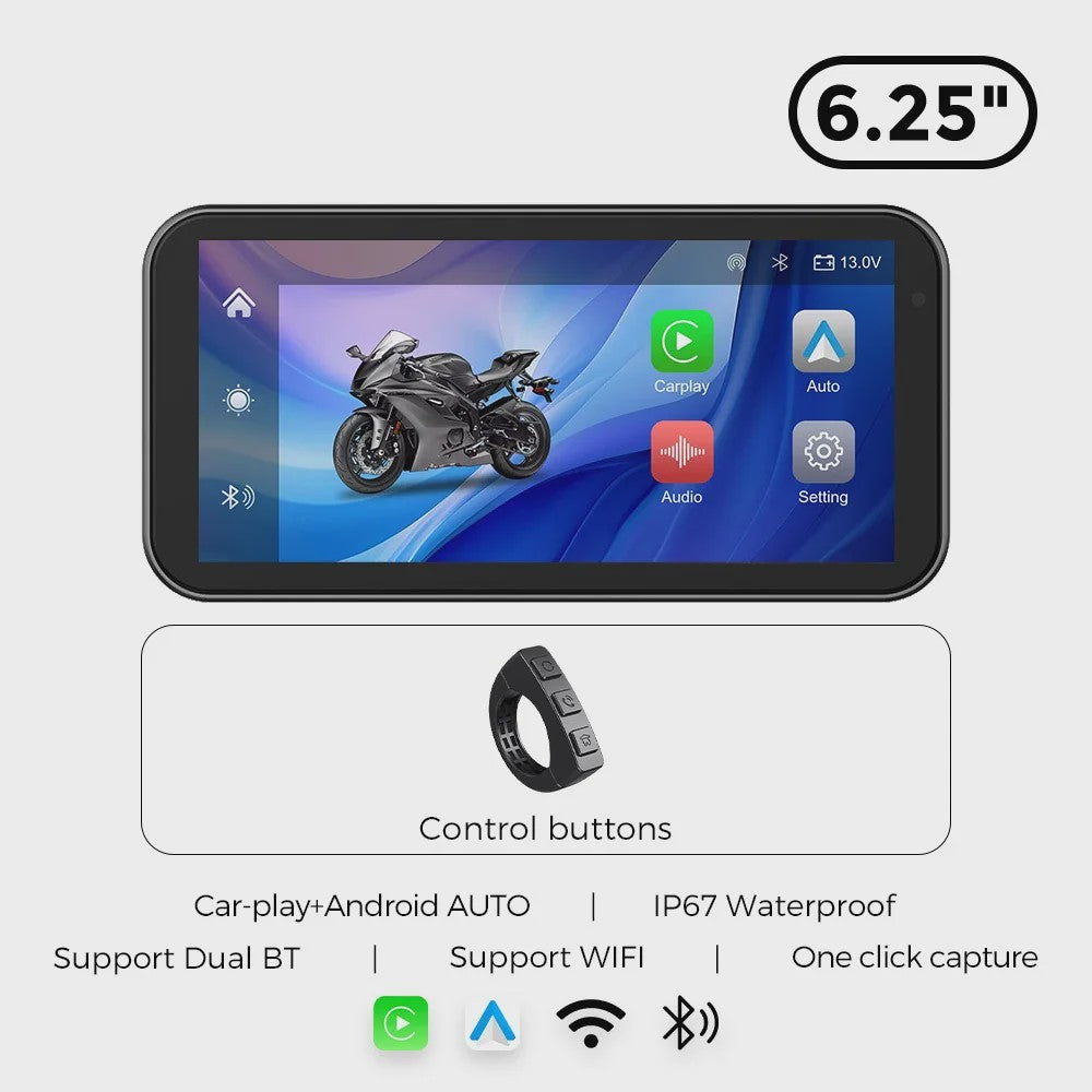 6.25" Motorfiets Navigatie & DVR met Draadloze CarPlay/Android Auto - Waterdicht IP67