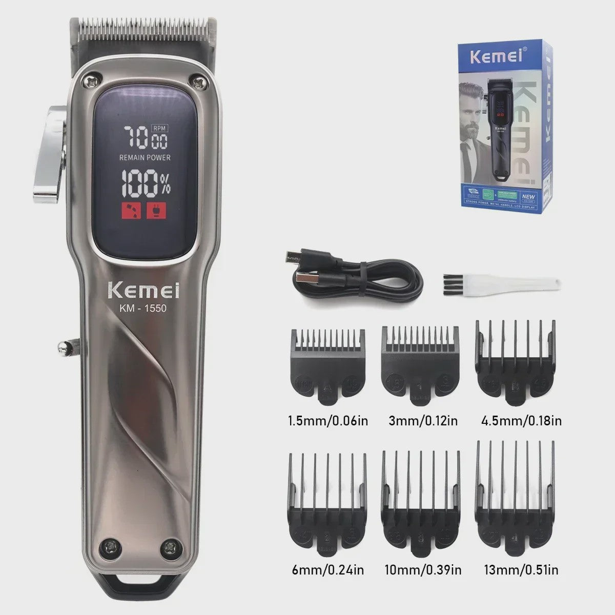 Kemei KM-1550 Professionele Baardtrimmer & Haarklipper voor Mannen - Draadloos, LED Display, USB