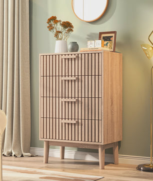 Ladekast met 4 laden, eikenhout look, massief houten poten - Decoratieve opberger voor hal, woonkamer of slaapkamer (60x34x91 cm)