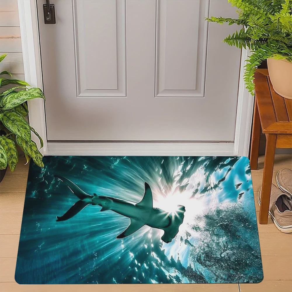 Unieke Deurmat met Oceaan Dieren: Manta, Hamerhaai & Witte Haai - Onderwater Kunst