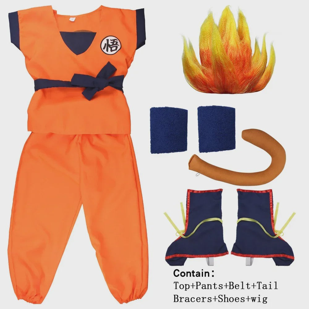 Son Goku Kinderkostuum met Pruik en Staart - Anime Cosplay Feestkostuum