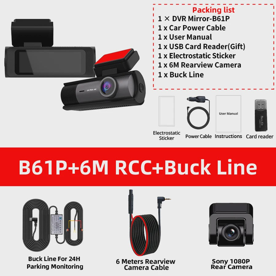 ACCEO B61P 4K Dashcam met Dubbele Lens (Voor & Achter 1080P), GPS, WiFi en 24H Parkeerfunctie