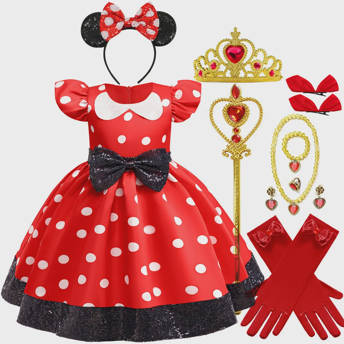 Minnie Mouse Jurk Meisjes Rood Polka Dot met Grote Pailletten Strik - Feestjurk