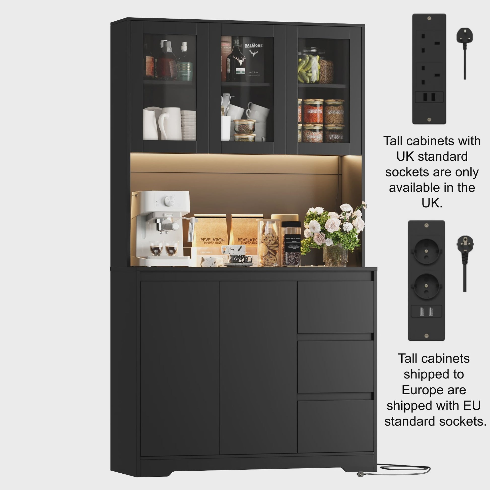 Keuken Buffetkast met LED Verlichting, 3 Lades en Stopcontacten - 100x38.5x180cm