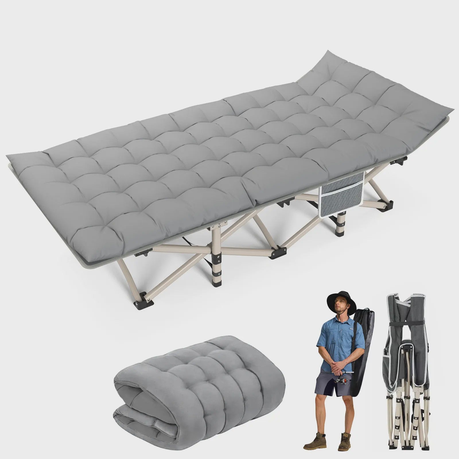 Opvouwbaar Campingbed met Matras - Draagbaar & Robuust Kampeerbed voor Volwassenen (200kg)