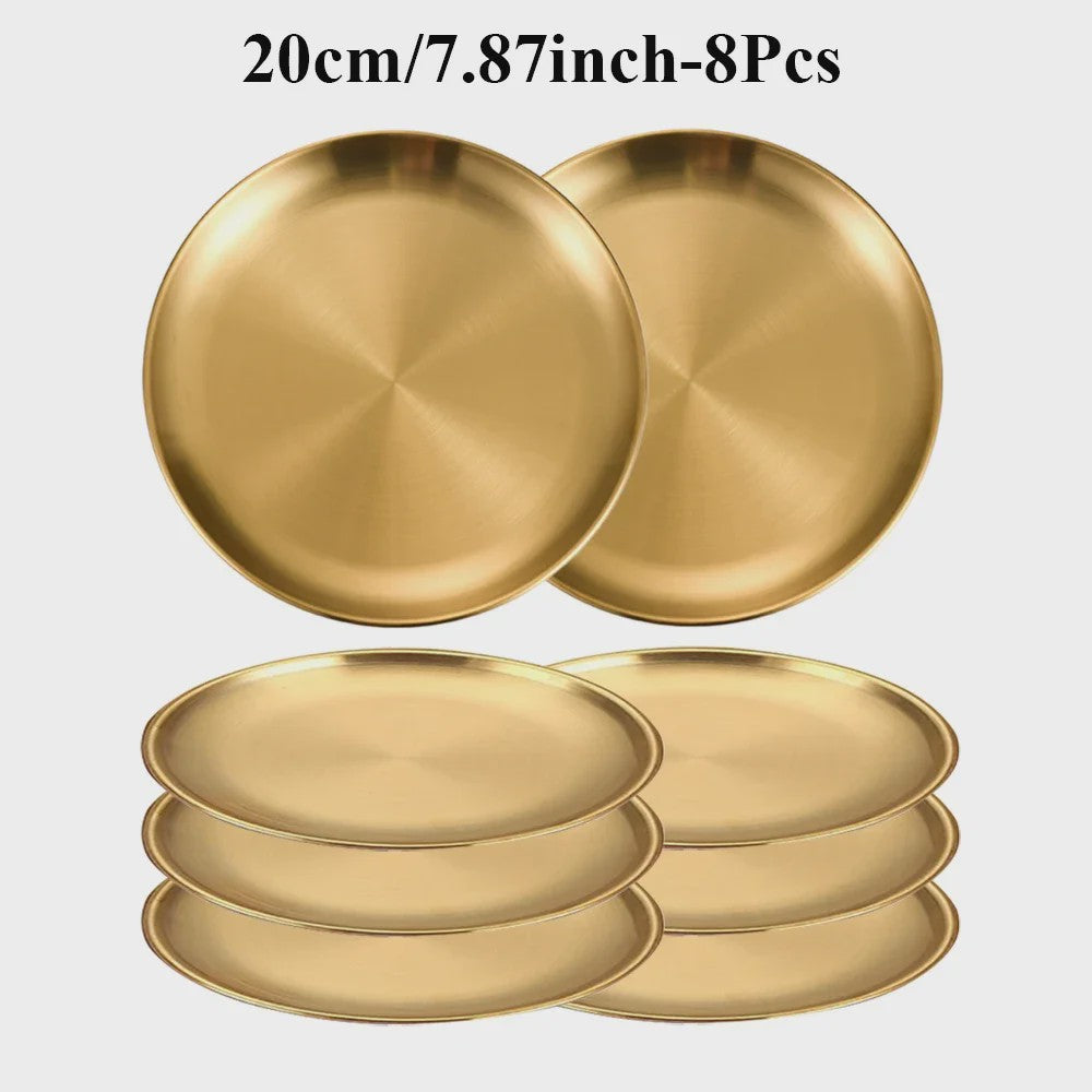 8-delige RVS Serveerschalen Set - Ronde Metalen Borden voor Diner, BBQ & Camping