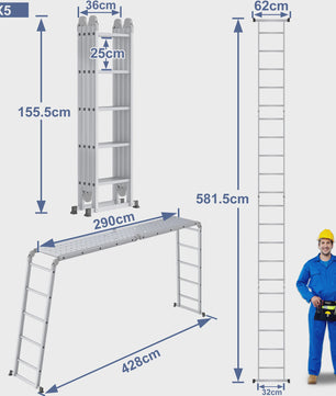 6-in-1 Aluminium Multifunctionele Ladder met Platform - Verstelbaar & Inklapbaar