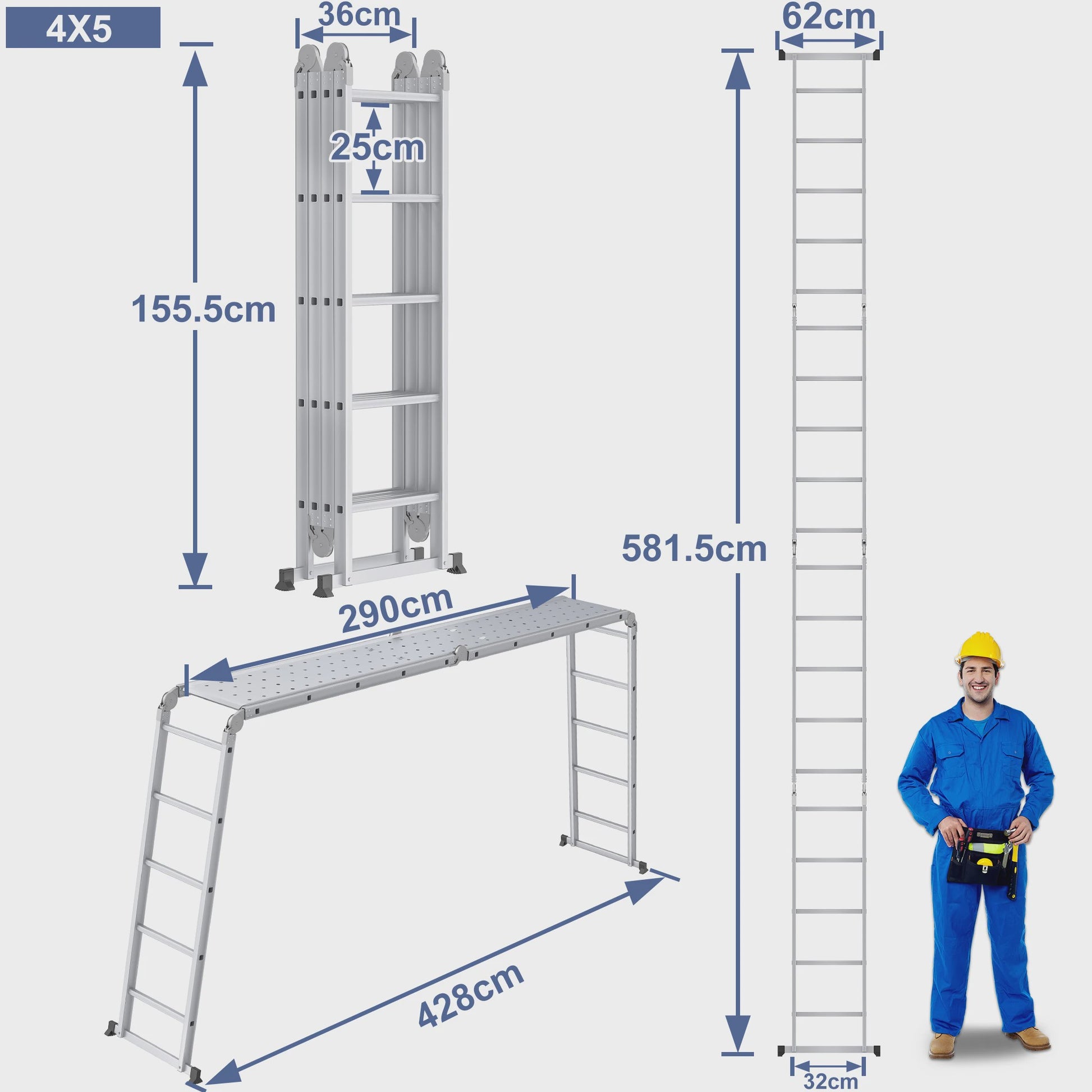 6-in-1 Aluminium Multifunctionele Ladder met Platform - Verstelbaar & Inklapbaar
