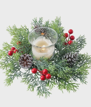 Kerst Krans met Bessen, Denneappels en Kaarsenhouder - Tafeldecoratie