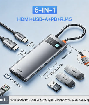 Baseus 6-in-1 USB-C Hub: 4K HDMI, 10Gbps USB 3.2, PD 100W, RJ45 Adapter