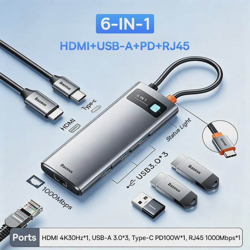 Baseus 6-in-1 USB-C Hub: 4K HDMI, 10Gbps USB 3.2, PD 100W, RJ45 Adapter