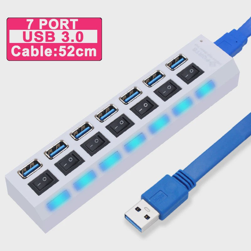 USB Hub 3.0/2.0 met 4 of 7 poorten, individuele schakelaars en LED-indicatoren